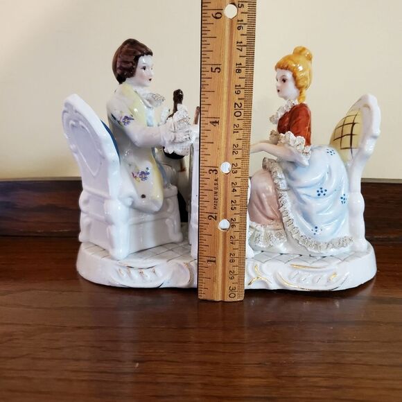 Vtg Dresden Porcelain Lace Figurine Victorian Couple Playing Violin and Piano - Picture 9 of 10